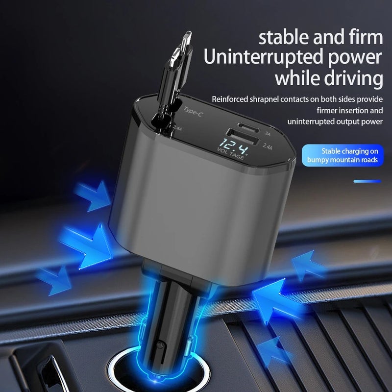 Bluejw 100W 4-in-1 Car Charger Super Fast Charging Adapter with Retractable Cable & USB Type C Port - Automobile Charger Cigarette Lighter - Image 4